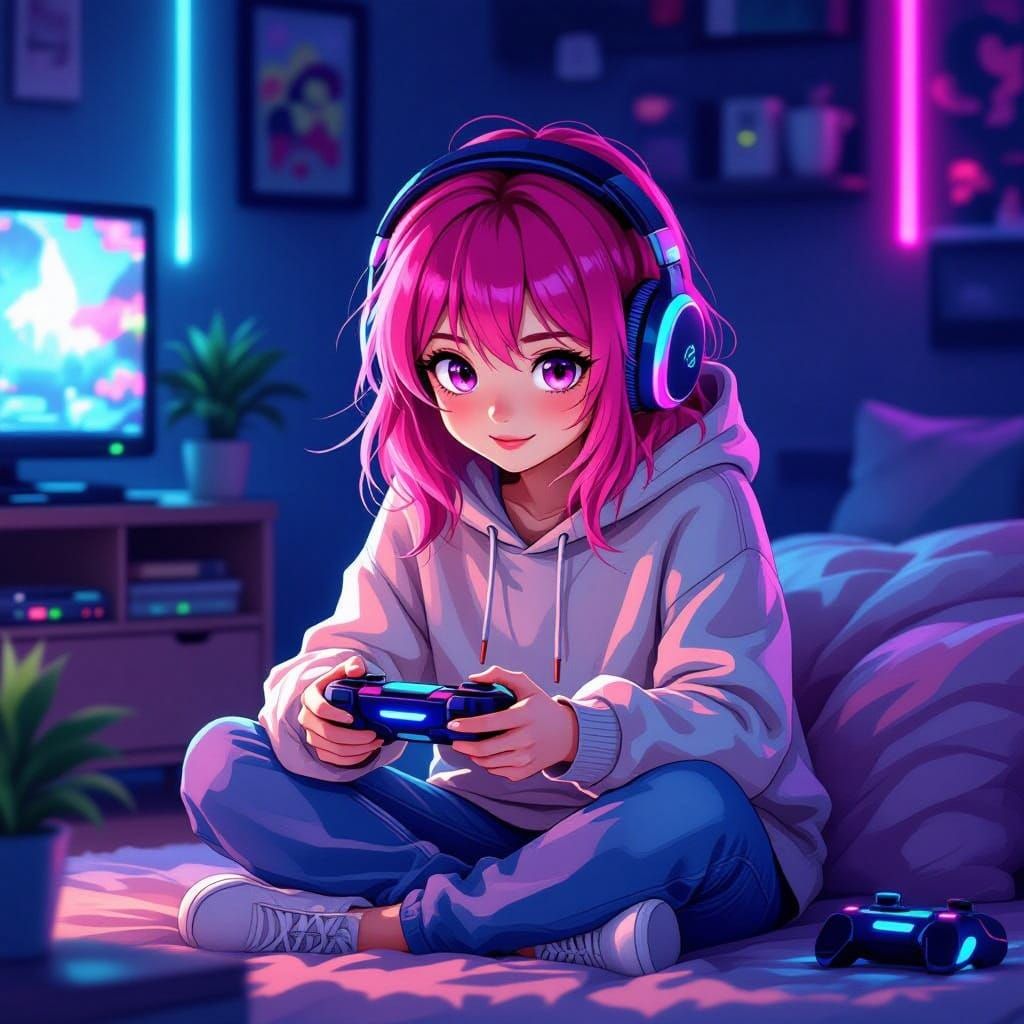 Anime Style Girl Deep In Futuristic Gaming