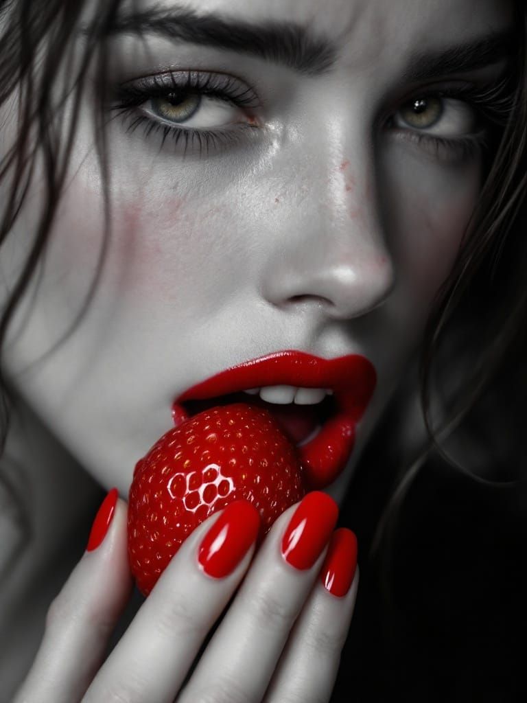 Photorealistic Red Lip Beauty in Black and White