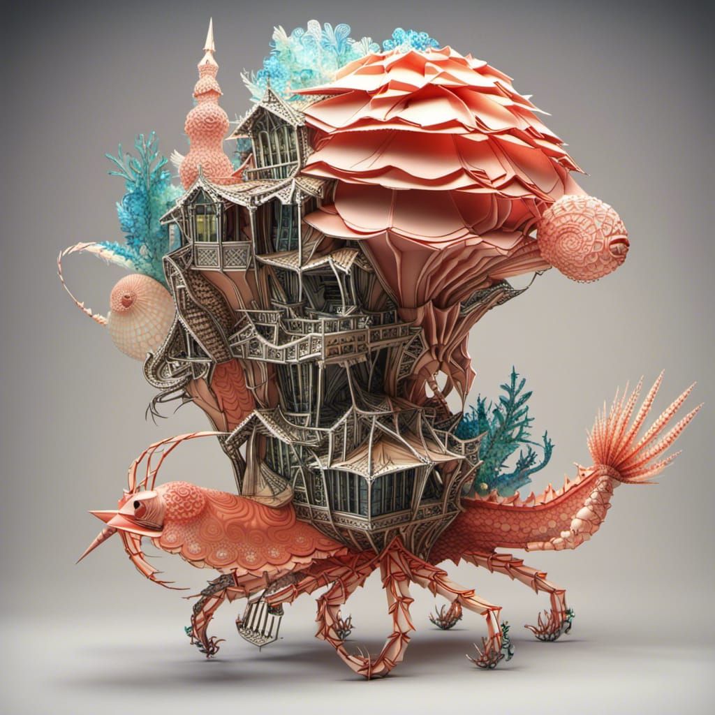 Origami Treehouse on Wheels with Kraken Creature