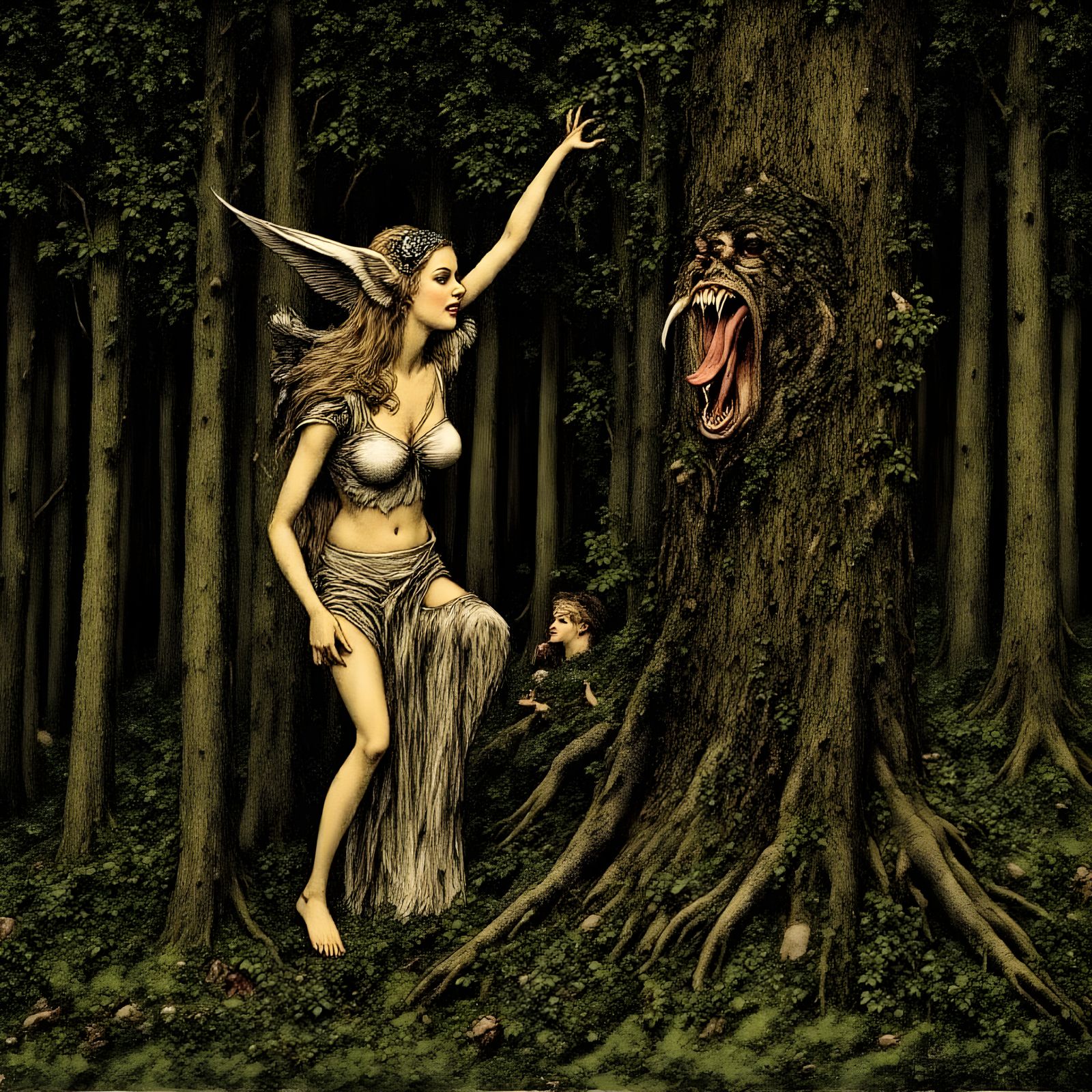 Fantasy Banshee Screaming in Forest, Old Masters Style