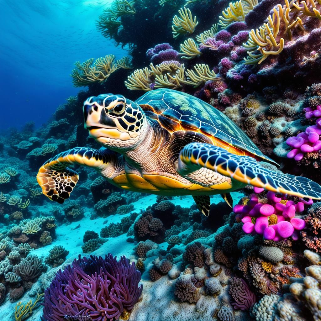 Baby Sea Turtle in Colorful Coral Reef