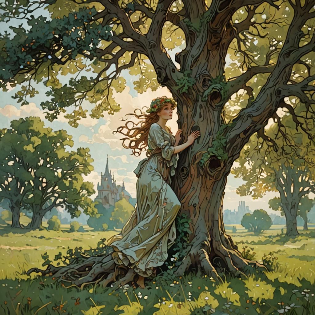 Old Tree on Meadow in Art Nouveau Style