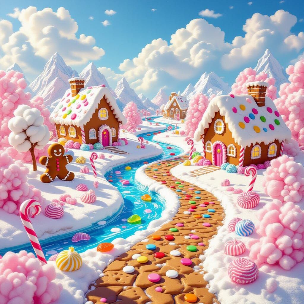 Whimsical Candy World with Chocolate River and Gingerbread H...