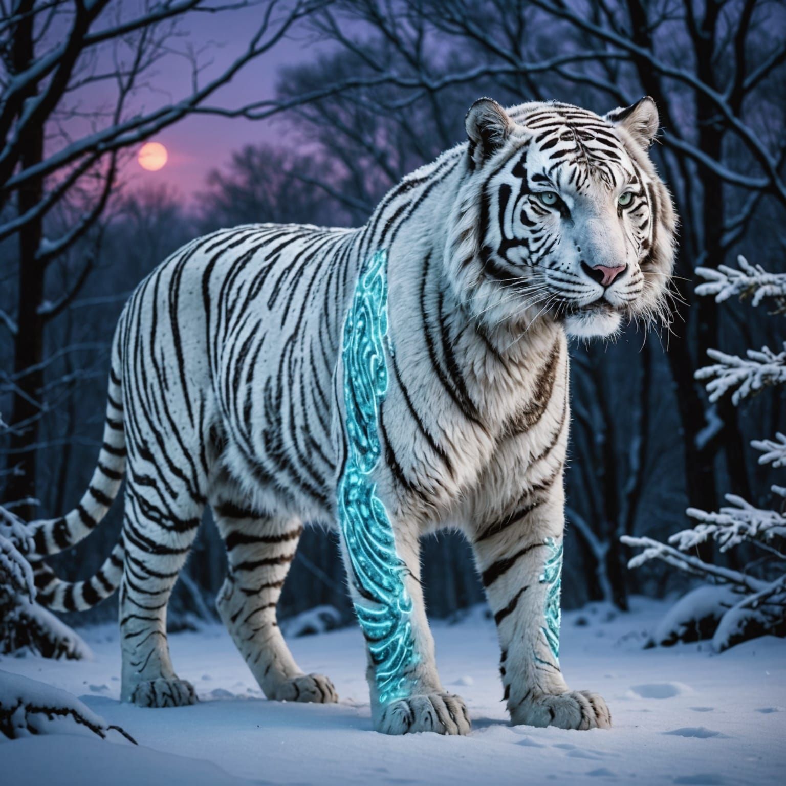 Neon Tattooed White Tiger in Snowy Twilight