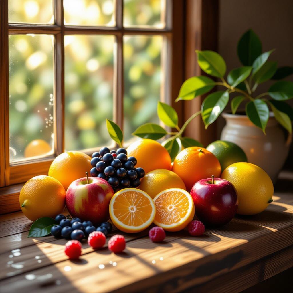 Vibrant Exotic Fruits on Rustic Table in Warm Sunlight