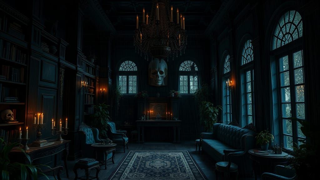 Gothic House Interior with Chandeliers in Hyperrealistic Sty...