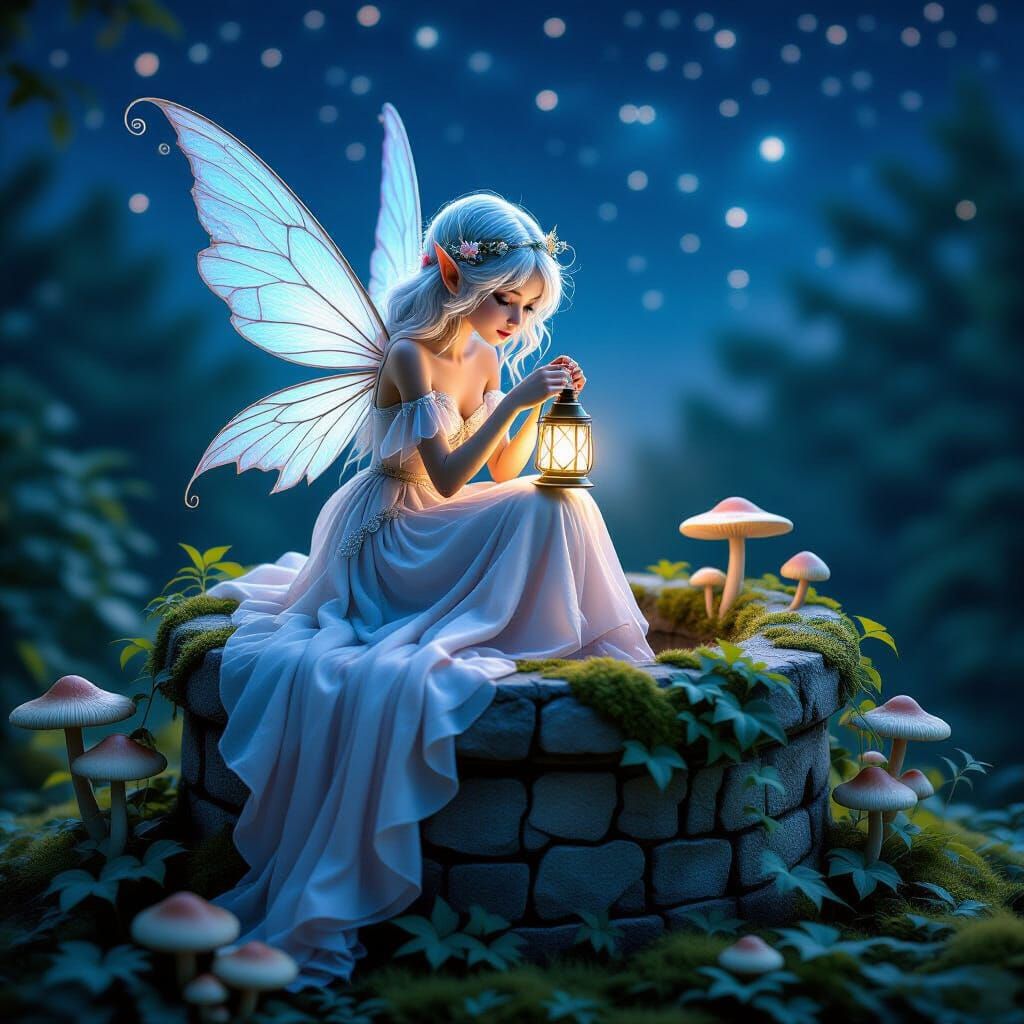 Delicate Fairy on Mossy Well with Lantern