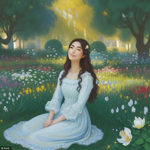 Serene Woman Lost in Whimsical Garden