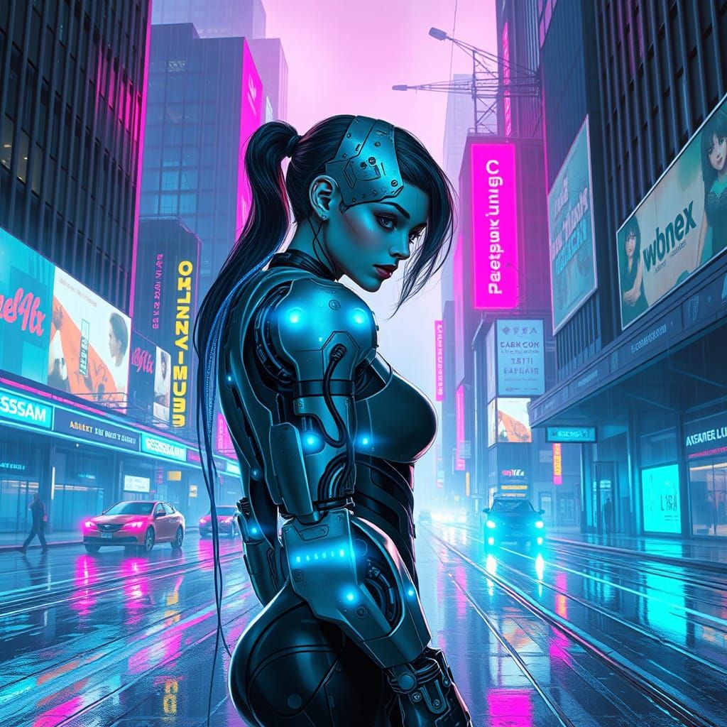 Girl in Cyberpunk City with Gritty Futuristic Arm