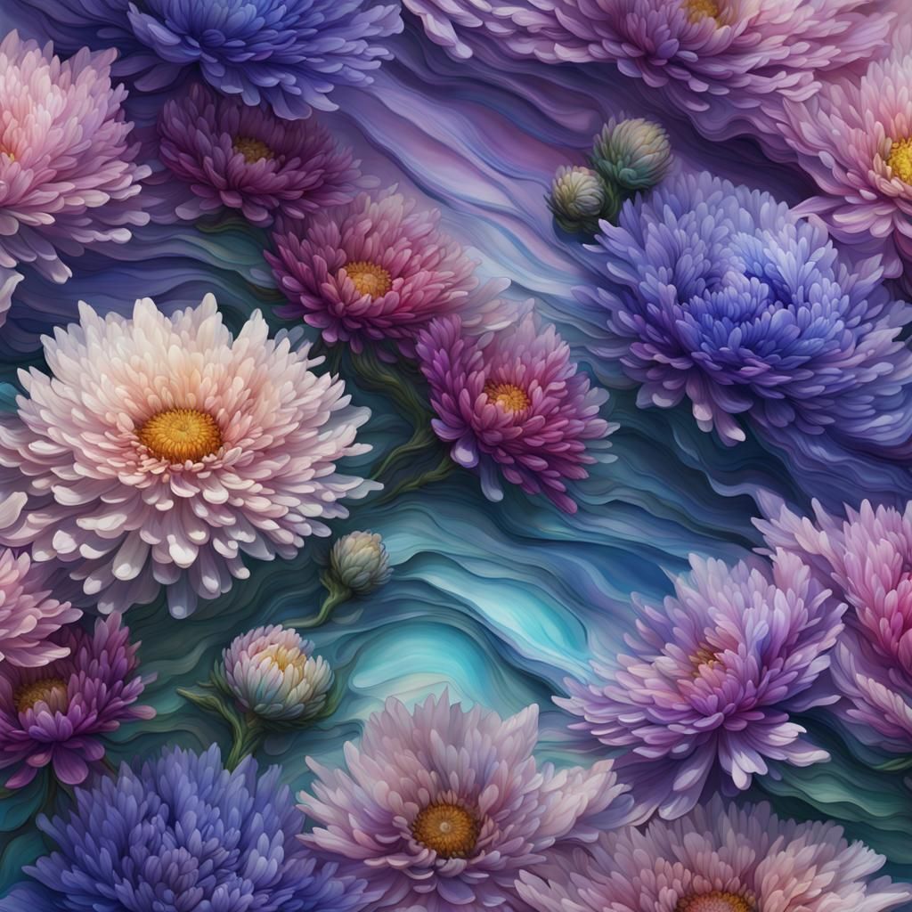 Sapphire Aster Flowers Alcohol Ink Painting