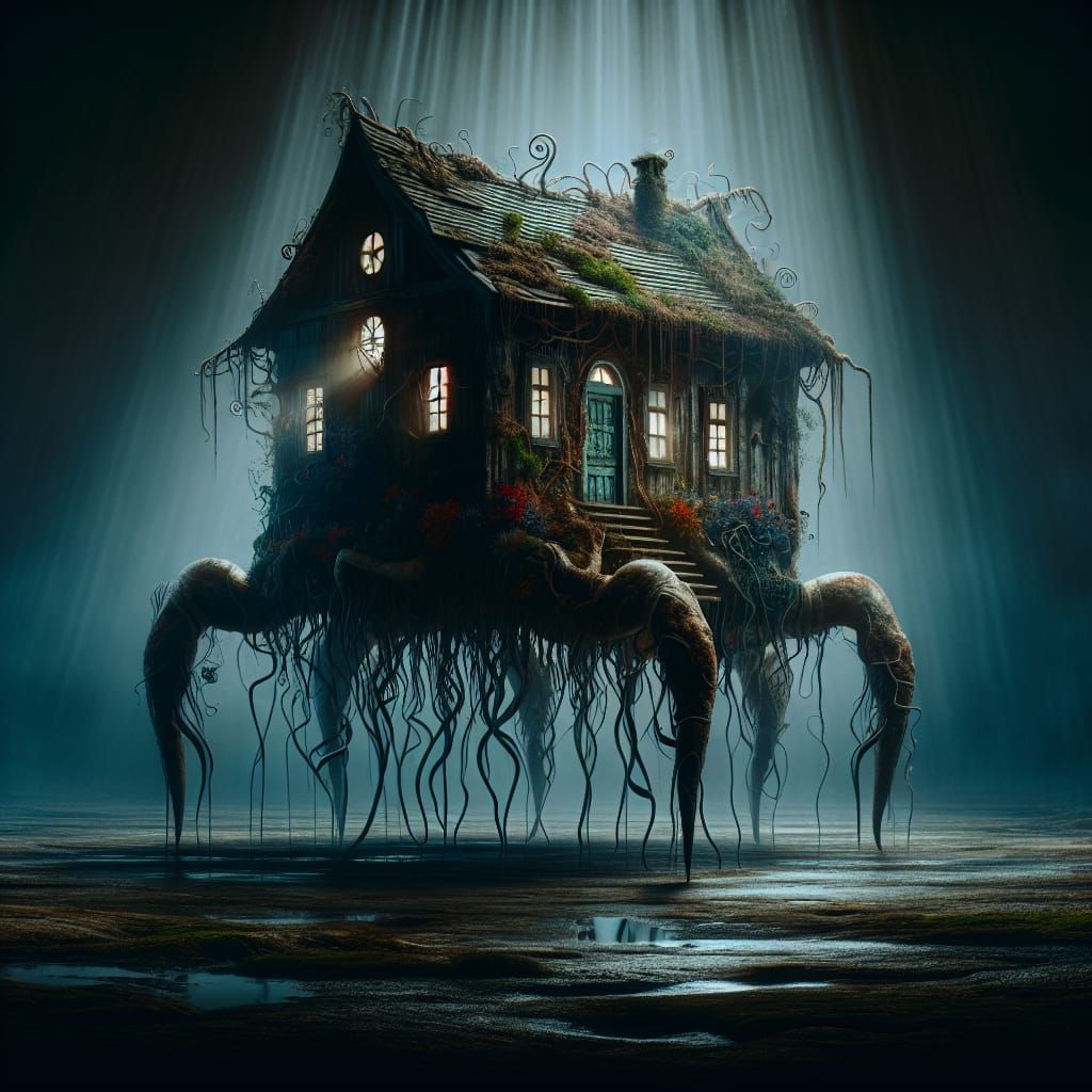 Eerie Living House with Legs in Gloomy Darkness