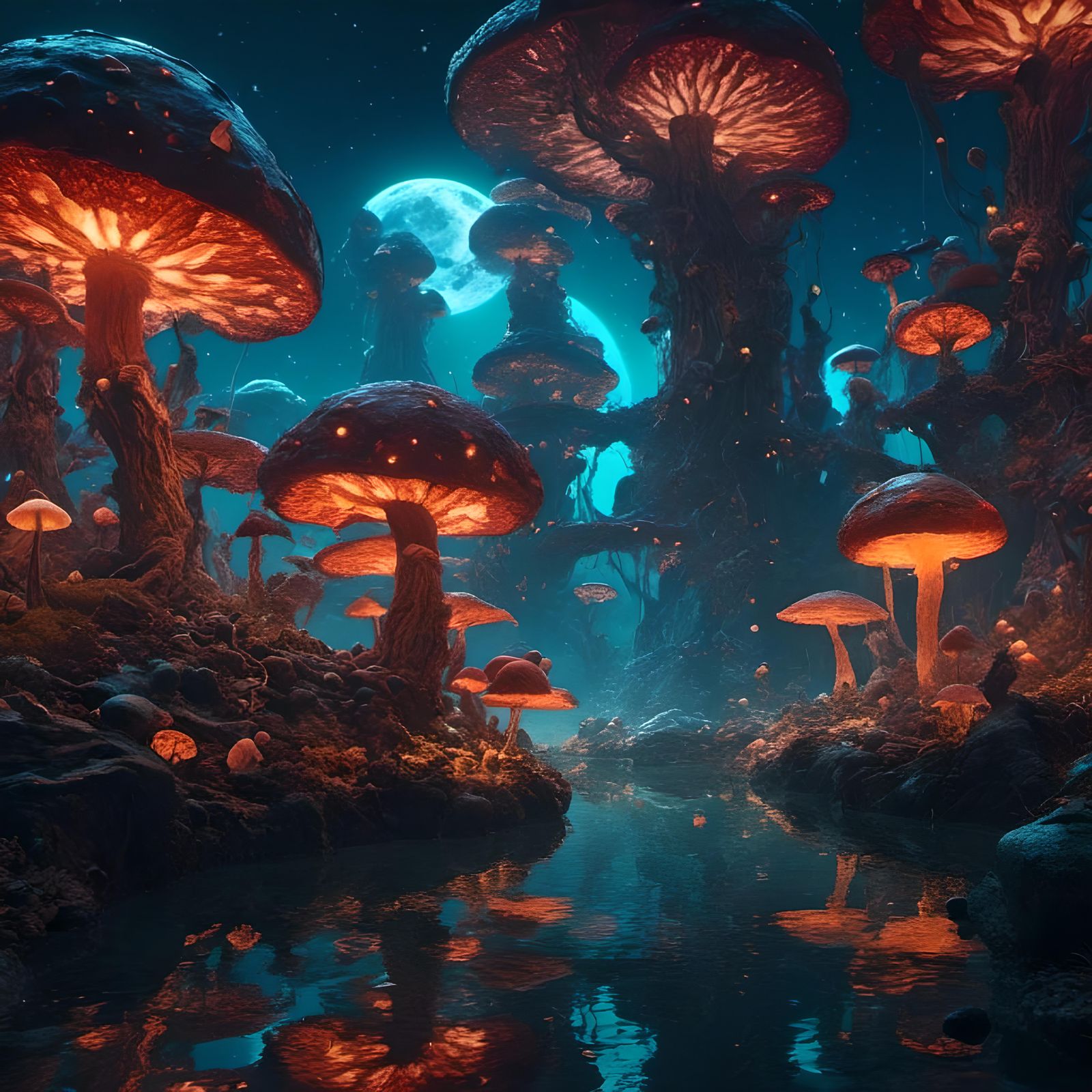 Bioluminescent Mushroom City at Night