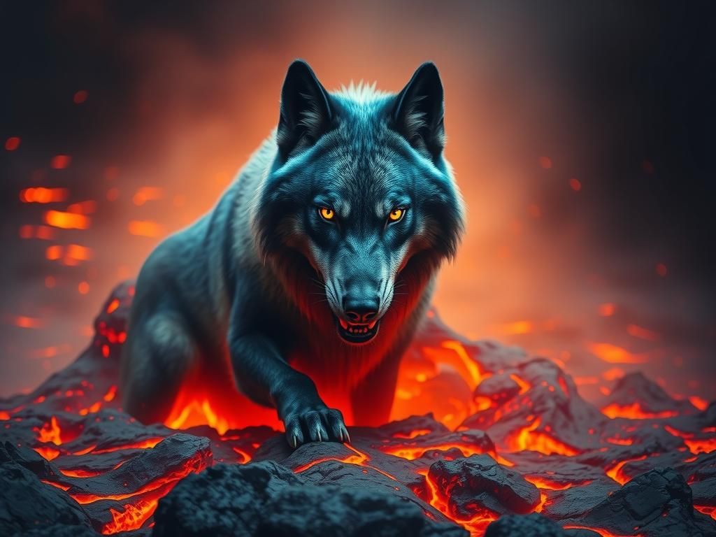 Blue Wolf Erupting from Lava in Cinematic Style