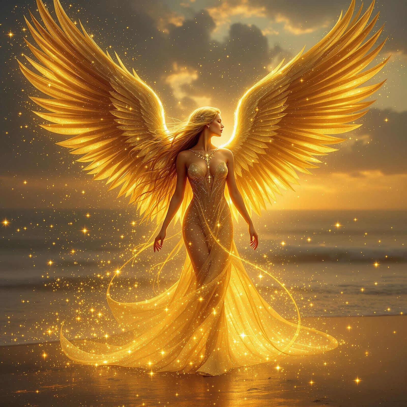 Celestial Angel with Golden Wings at Sunset