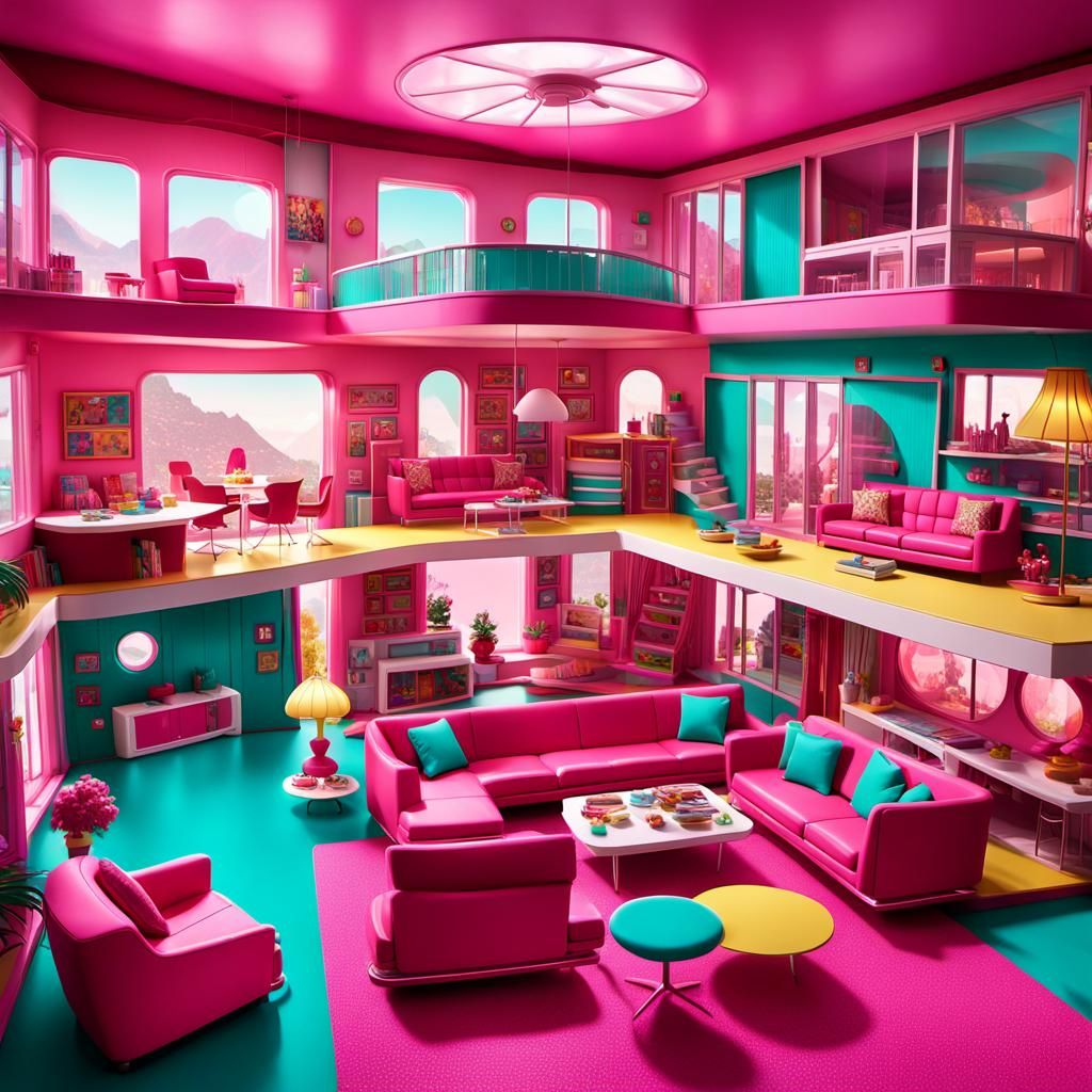 Mid-Century Modern Barbie Dreamhouse Cross-Section in Digita...