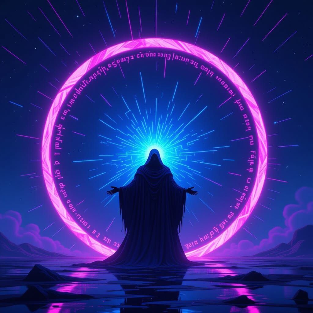 Voidmana Barrier Surrounds Dark Lord in Neon Retro Synthwave