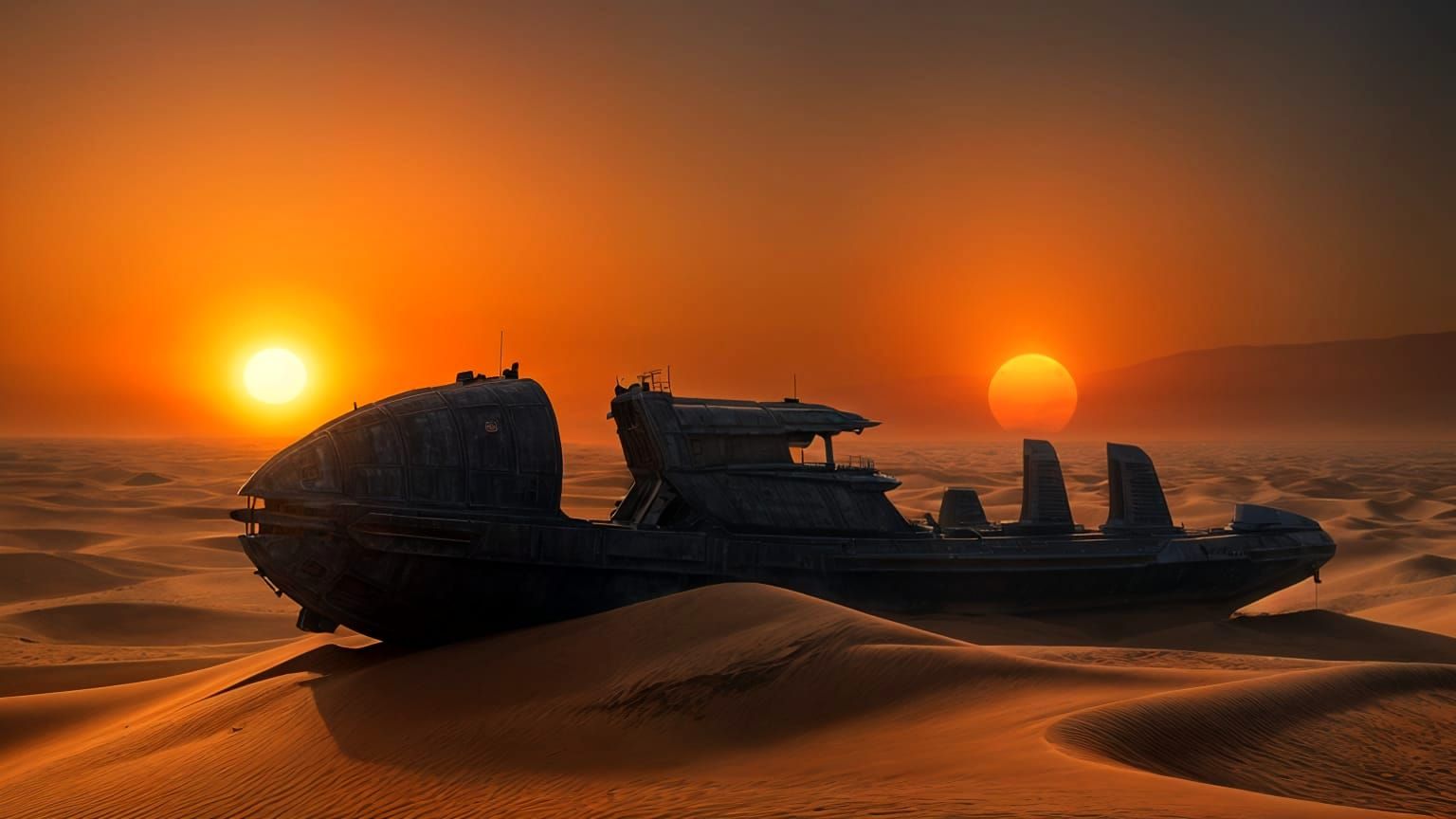 Colossal Starship Ruin in Golden Desert Under Twin Sunset