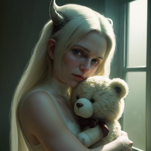 Heartbreaking Tiefling Baby with Teddy Bear