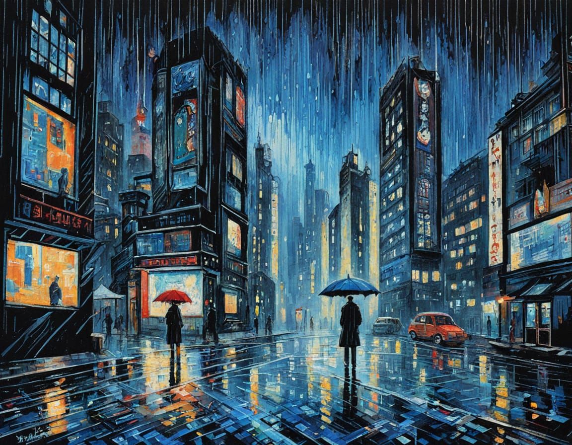 Intricate Anime Needlepoint black Kadinsky Paranoïd mental blue metal rain