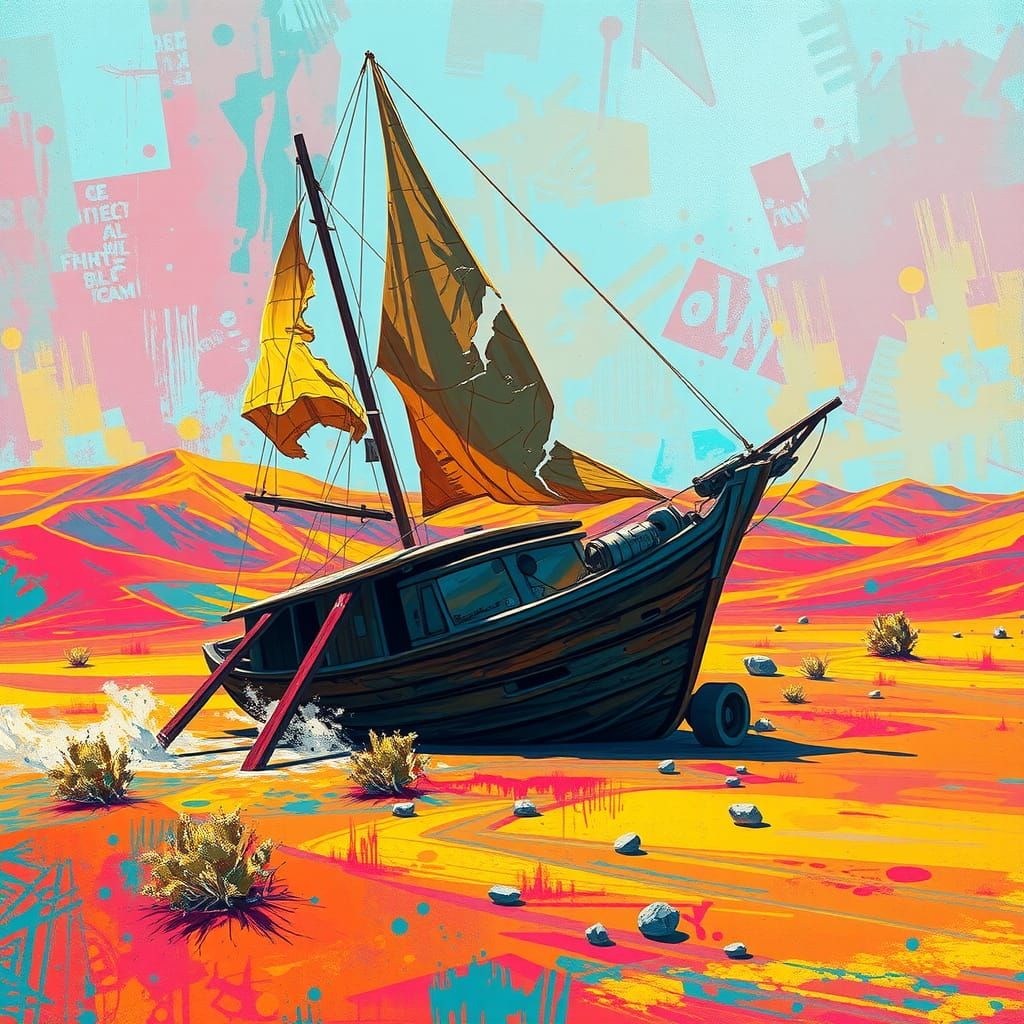 Retro Sailboat Drifting in a Rainbow Desert