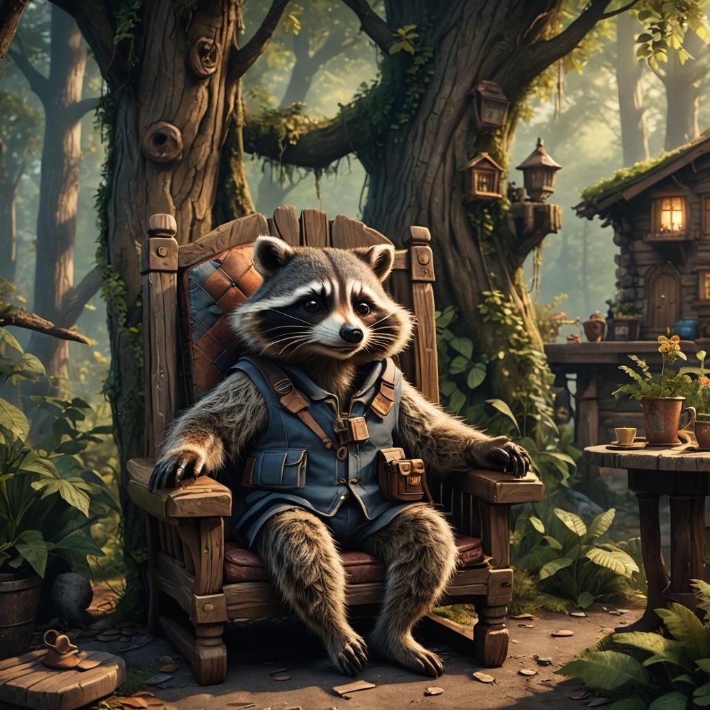 Raccoon Relaxing in Cottage: Fantasy Concept Art