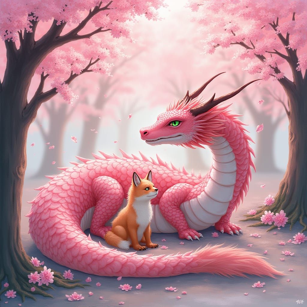 Cherry Blossom Dragon and Kitsune in Anime-Inspired Spring L...