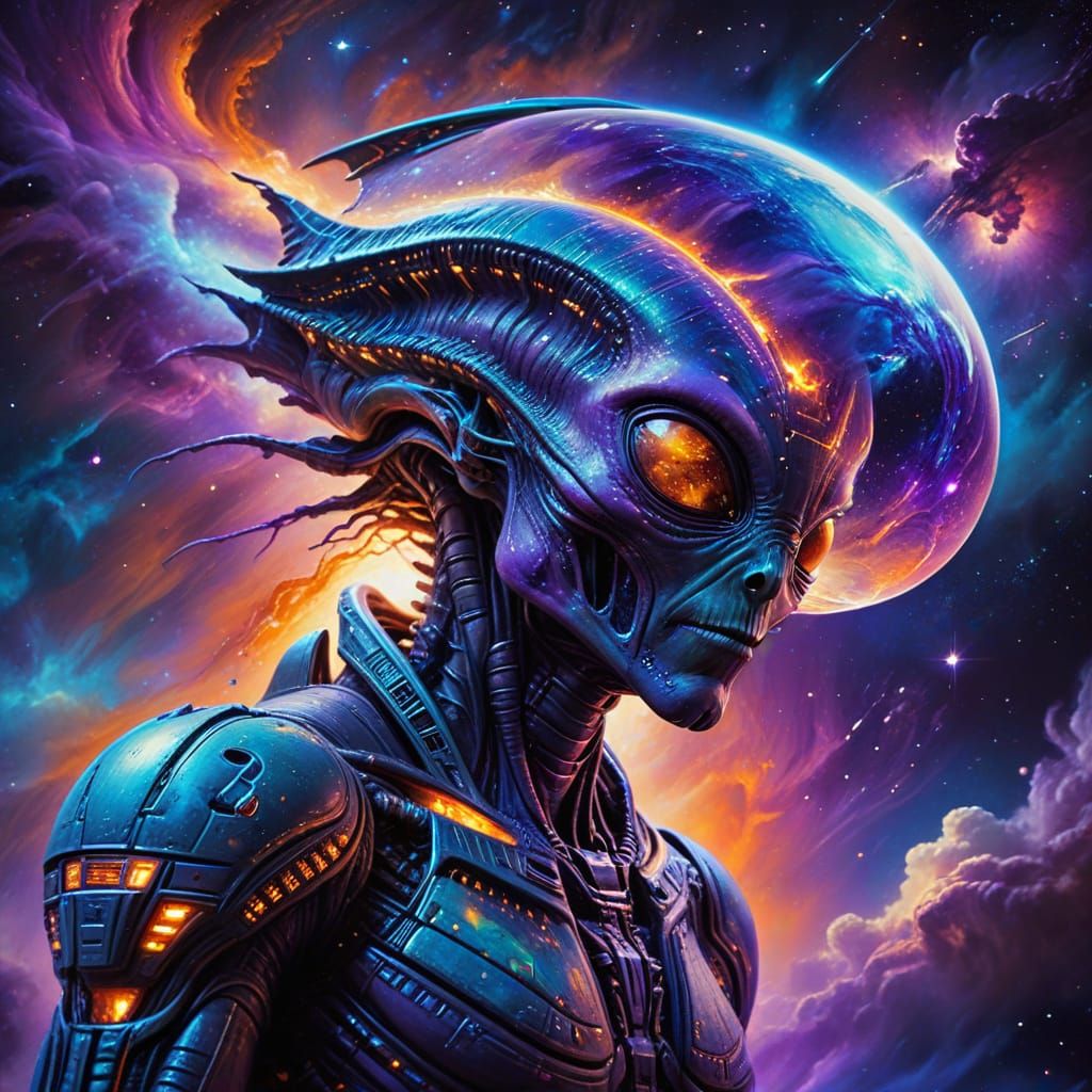 Alien Encounter in Space: Surrealist Oil Painting