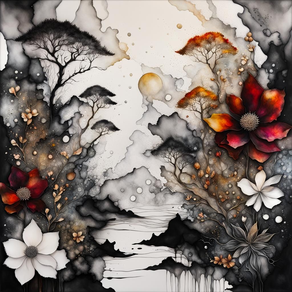 Monochrome Alcohol Ink Art with Mythological Creatures