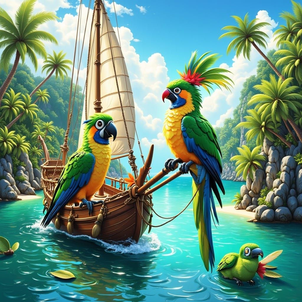 Parrot Captains Sailboat in Tropical Paradise
