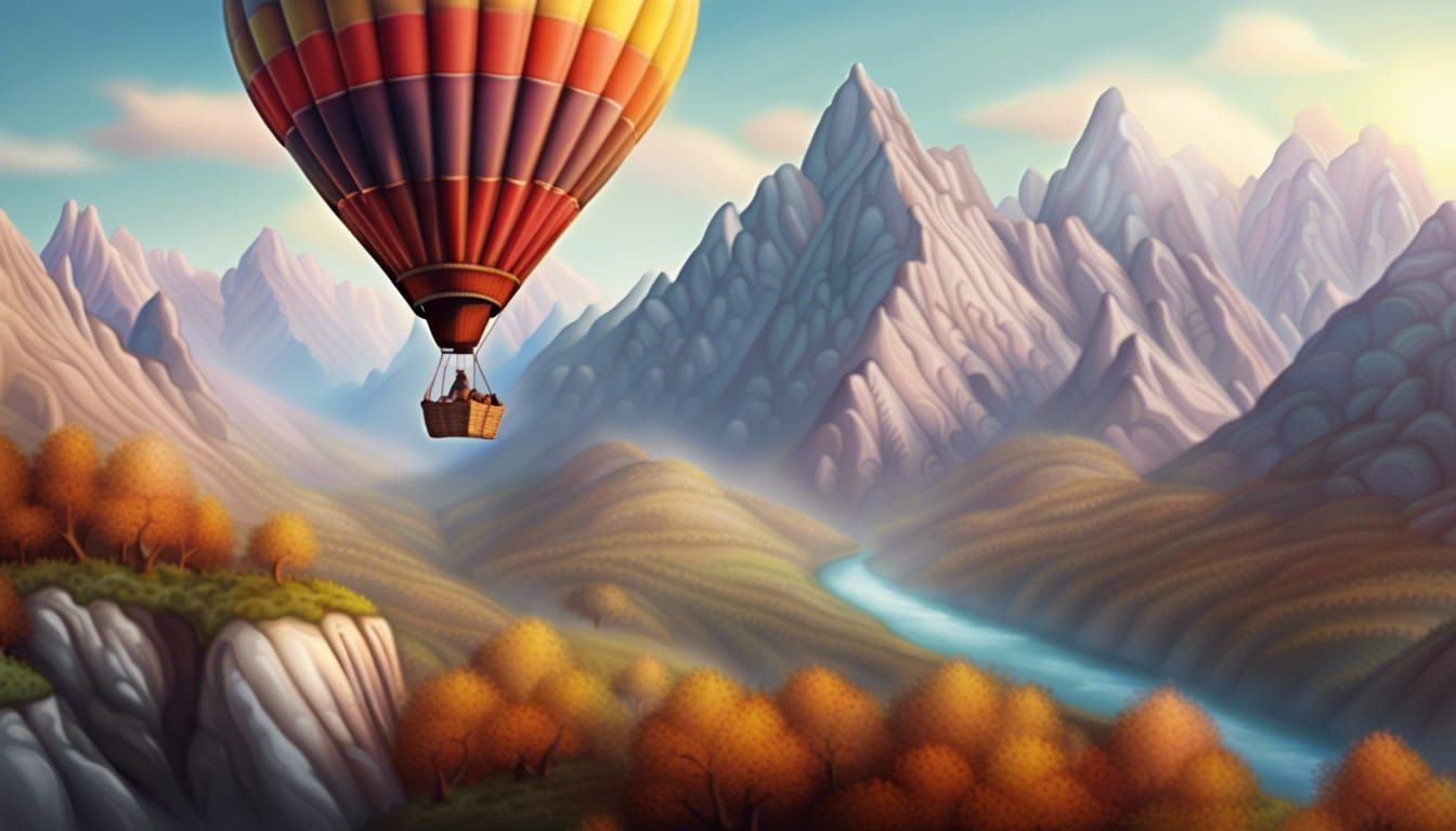 Hot Air Balloon Over Fantasy Mountain Valley