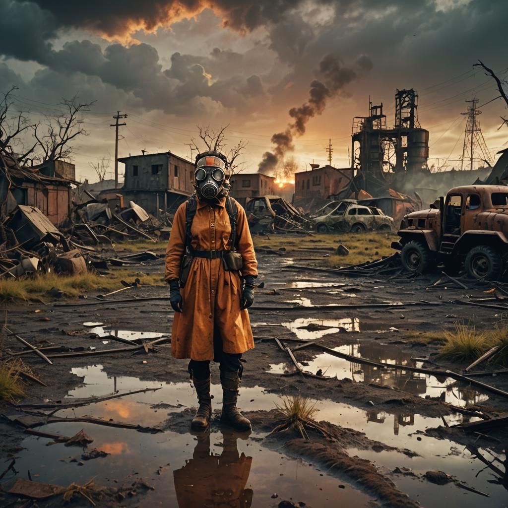 Grimdark Dieselpunk Women in Wasteland at Sunset