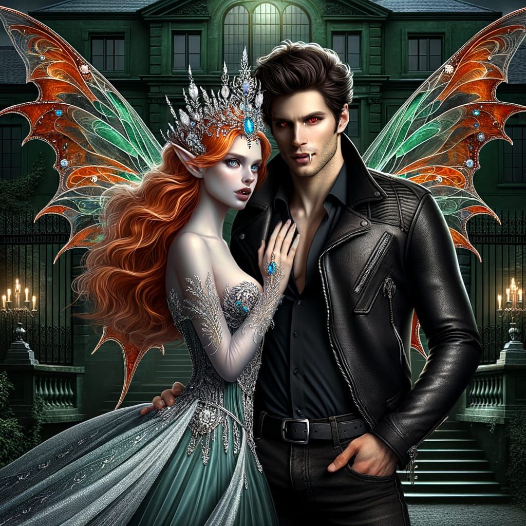 Dark Elegance Vampire and Fae Queen in Romantic Embrace