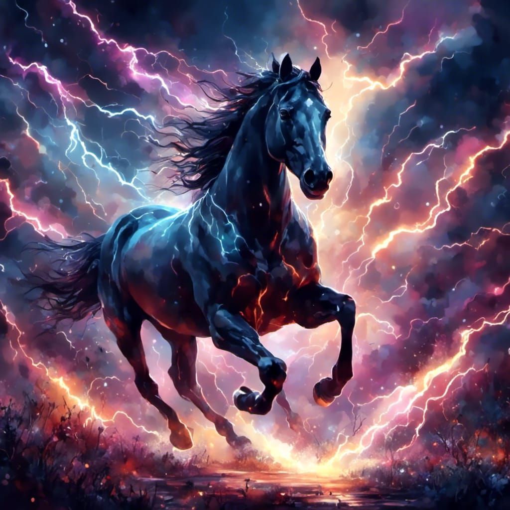 Glowing Horse Galloping Through Lightning Storm
