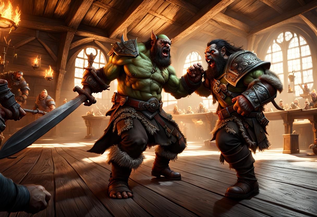 Orc and Dwarf Tavern Brawl in Fine Art Style
