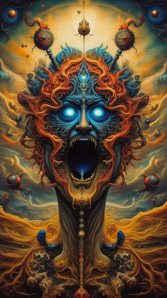 Muscular Man as Peacock Devil with Fractal Man and Agony