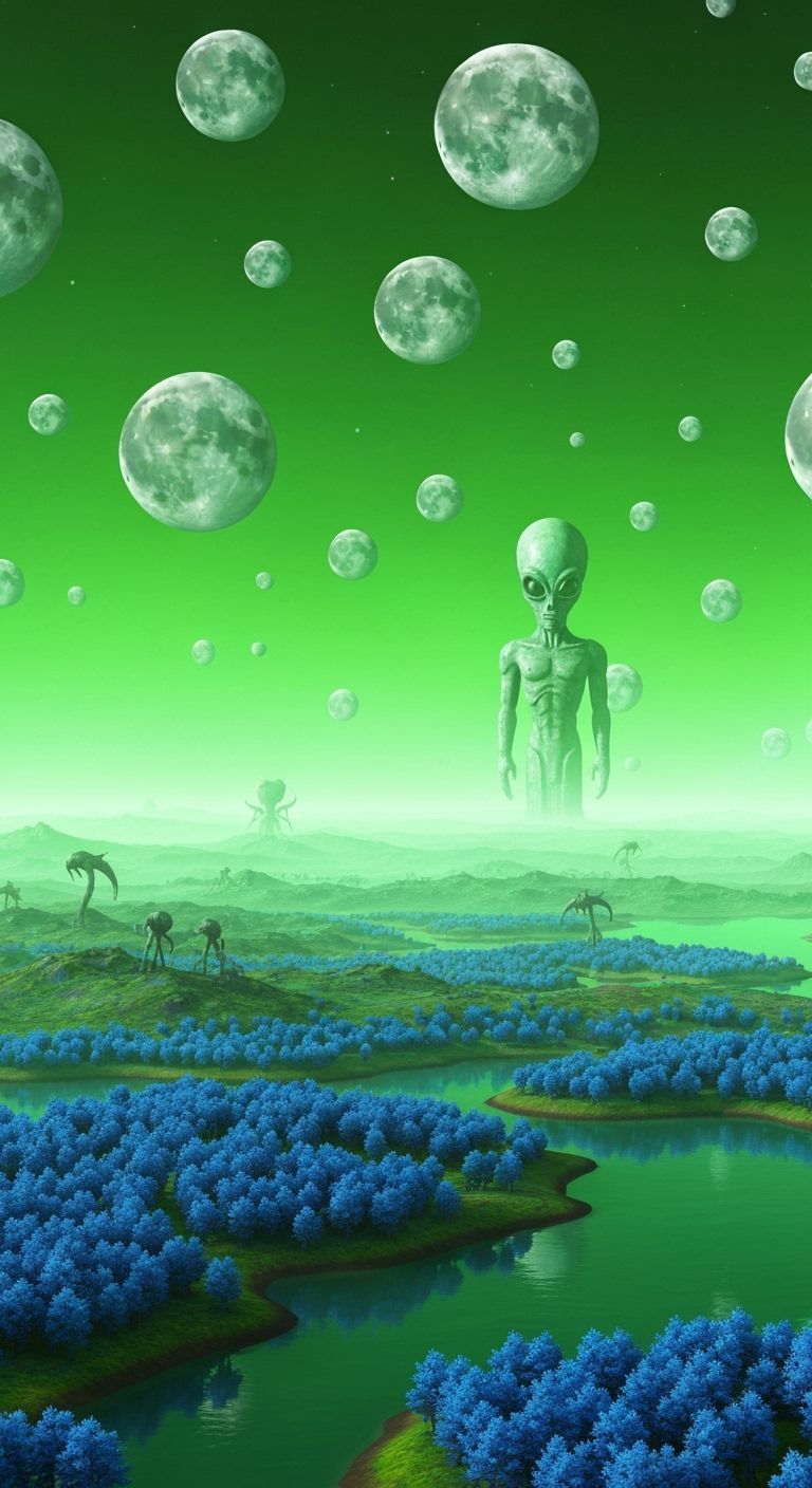 Alien Landscape with Green Sky and Strange Creatures