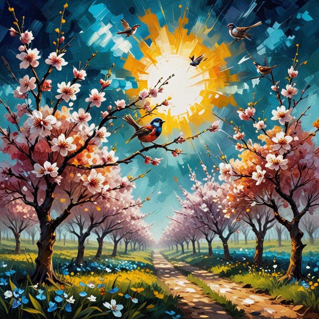 Cherry Orchard Sparrow in Expressionist Impasto Painting