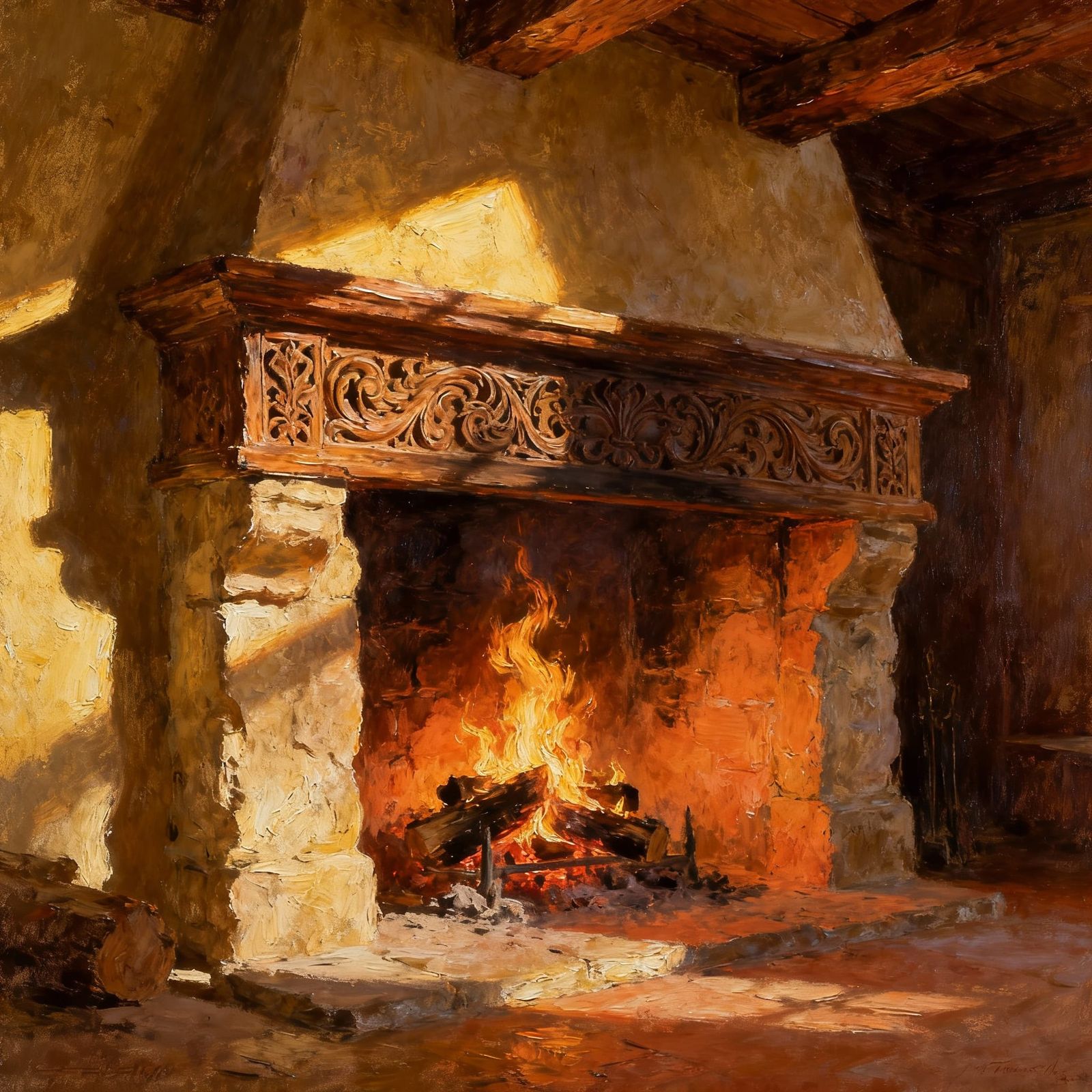 Cozy Hearth with Roaring Fire in Oil Painting Style