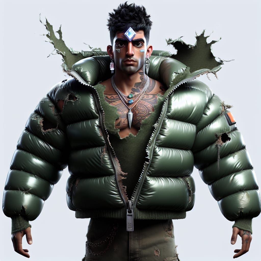 Defiant Character in Puffer Jacket Symbolizes Resilience