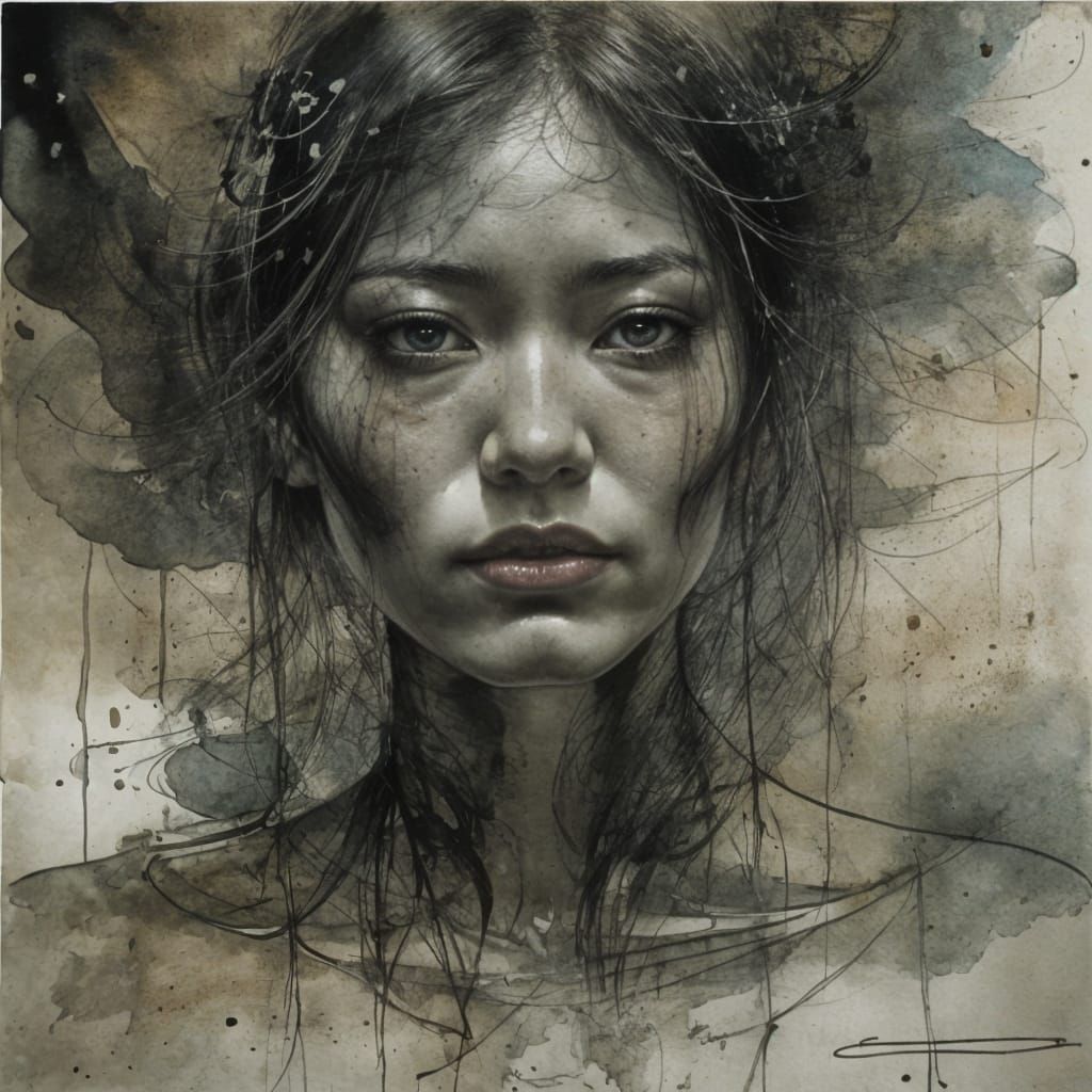 Beautiful Japanese Woman in Ink Art Style