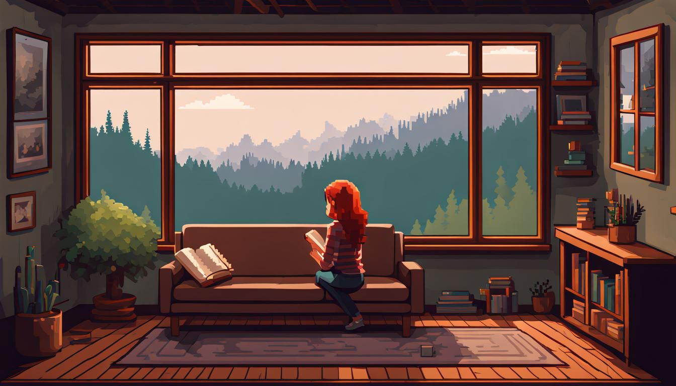 Cozy Cabin Pixel Art: Girl Reading by Scenic Window