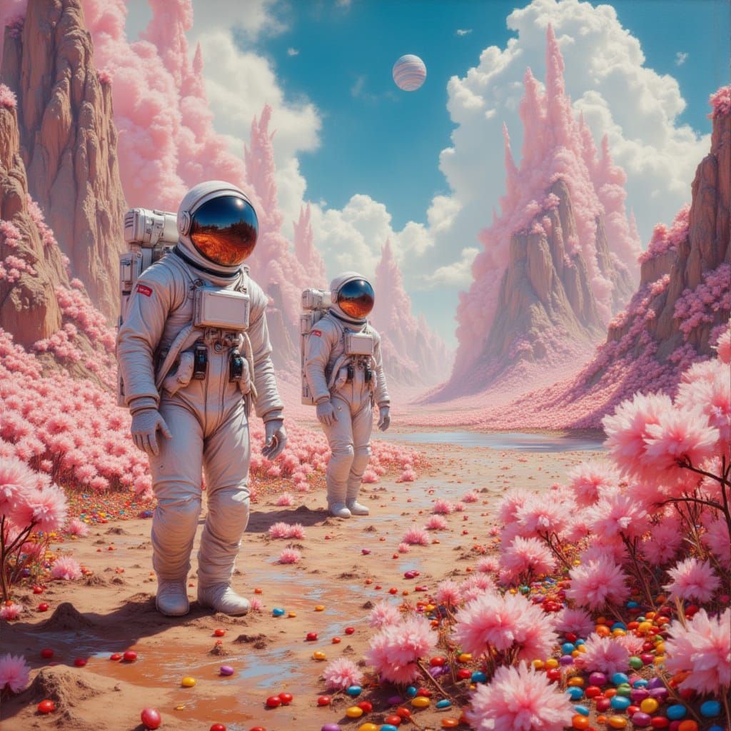 Astronauts Explore Alien Planet of Sweets in Oil Painting St...