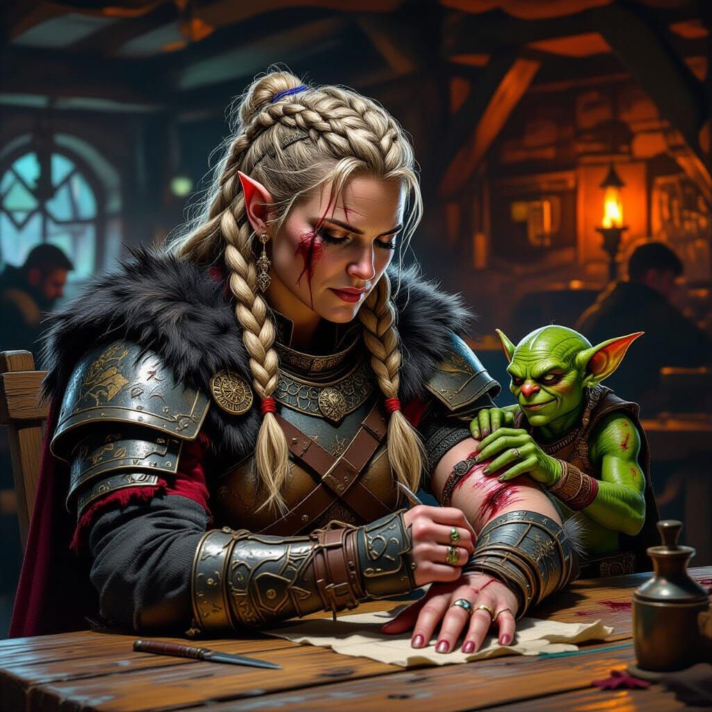 Viking Warrior Gets Wound Treated by Goblin in Tavern