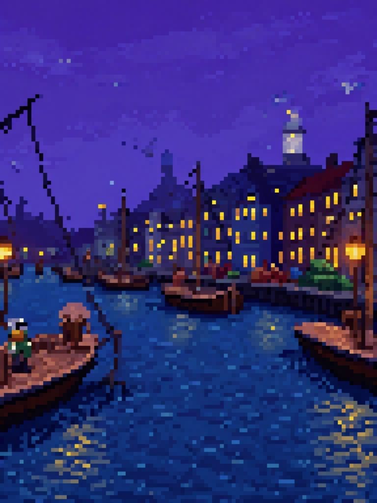 Charming Pixel Art Harbor at Twilight