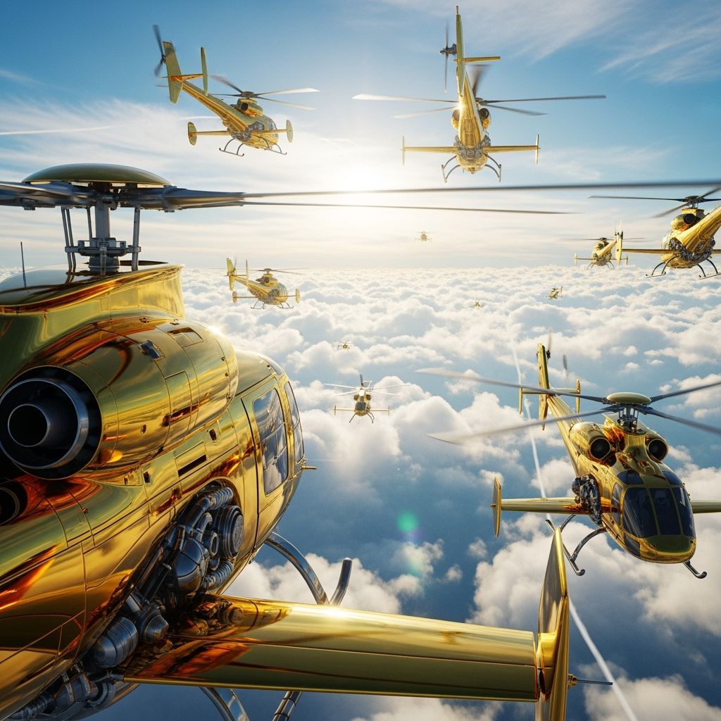Golden Helicopters Soar in Futuristic Sky
