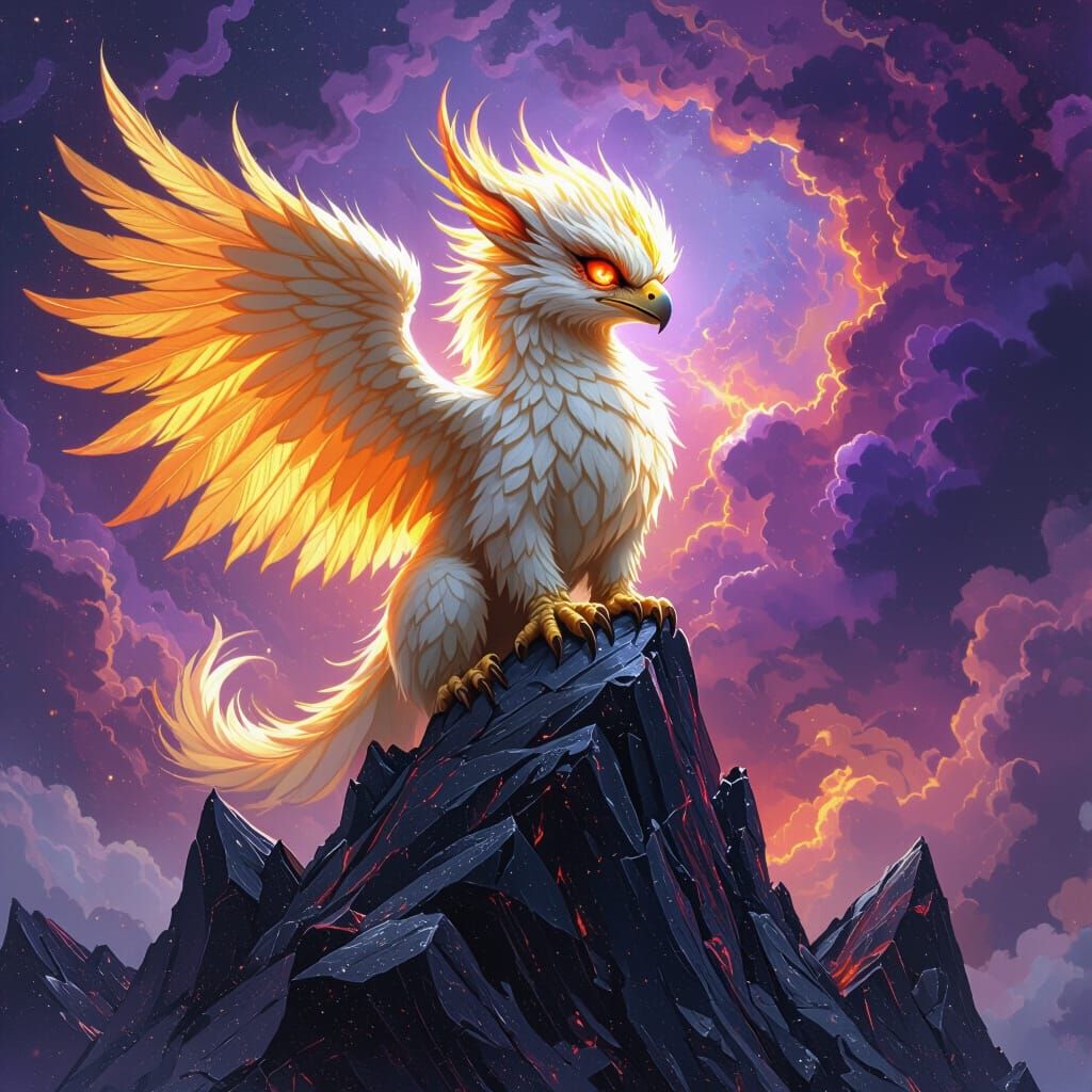 Golden Griffin Perched on Obsidian Peak: Fantasy Art