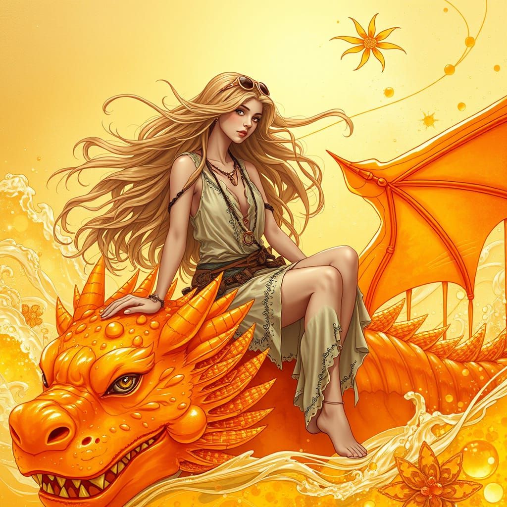 Woman on Gummy Dragon in Effervescent Soda Sea