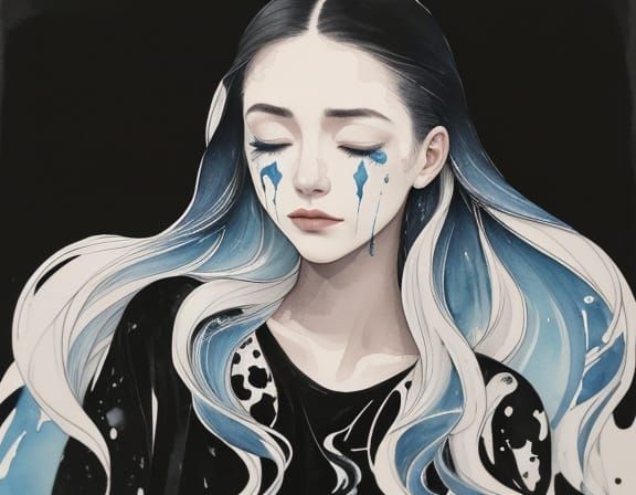 Art Nouveau Portrait of Woman with Blue Lips and Black Tears