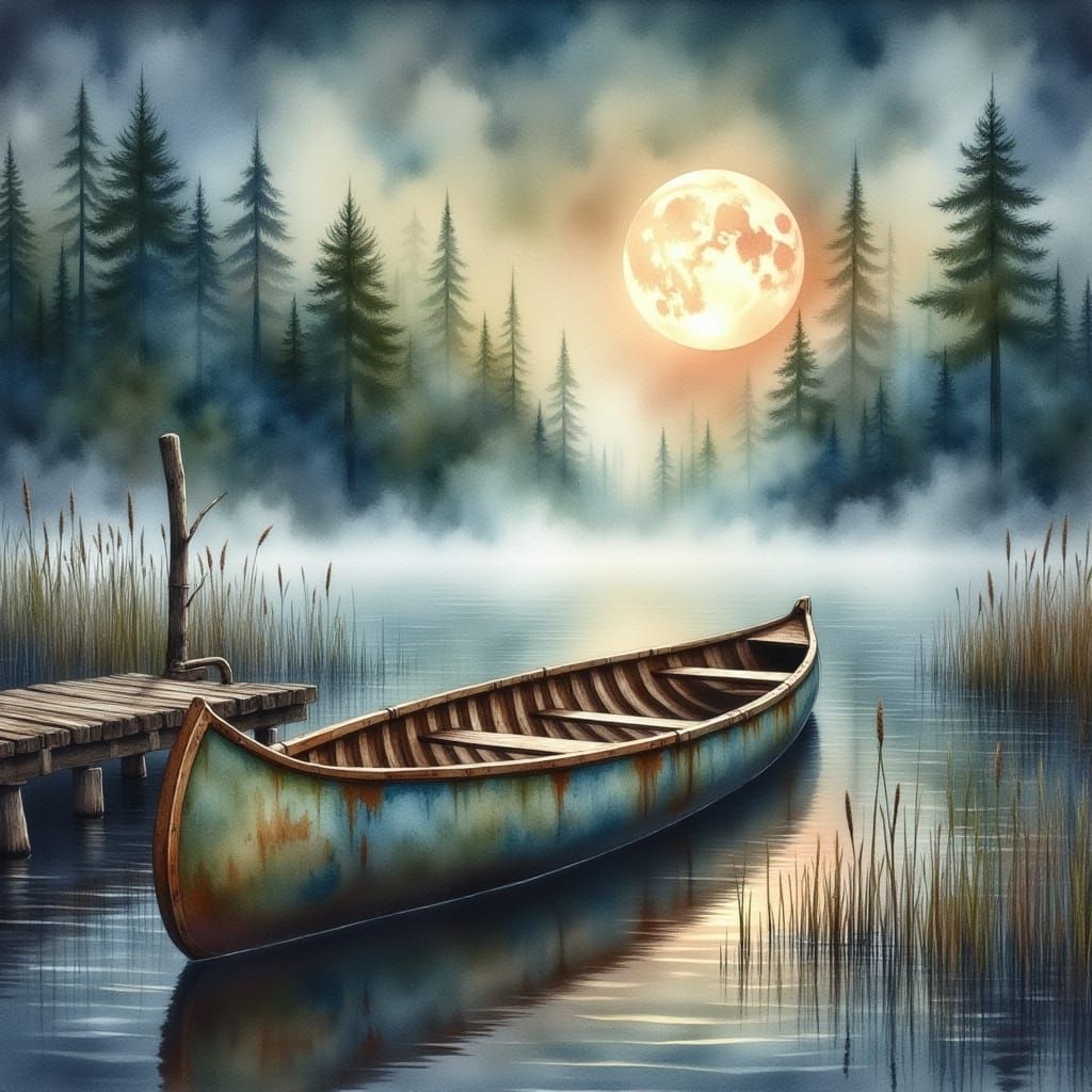 Misty Pond Canoe in Antique Watercolor Style