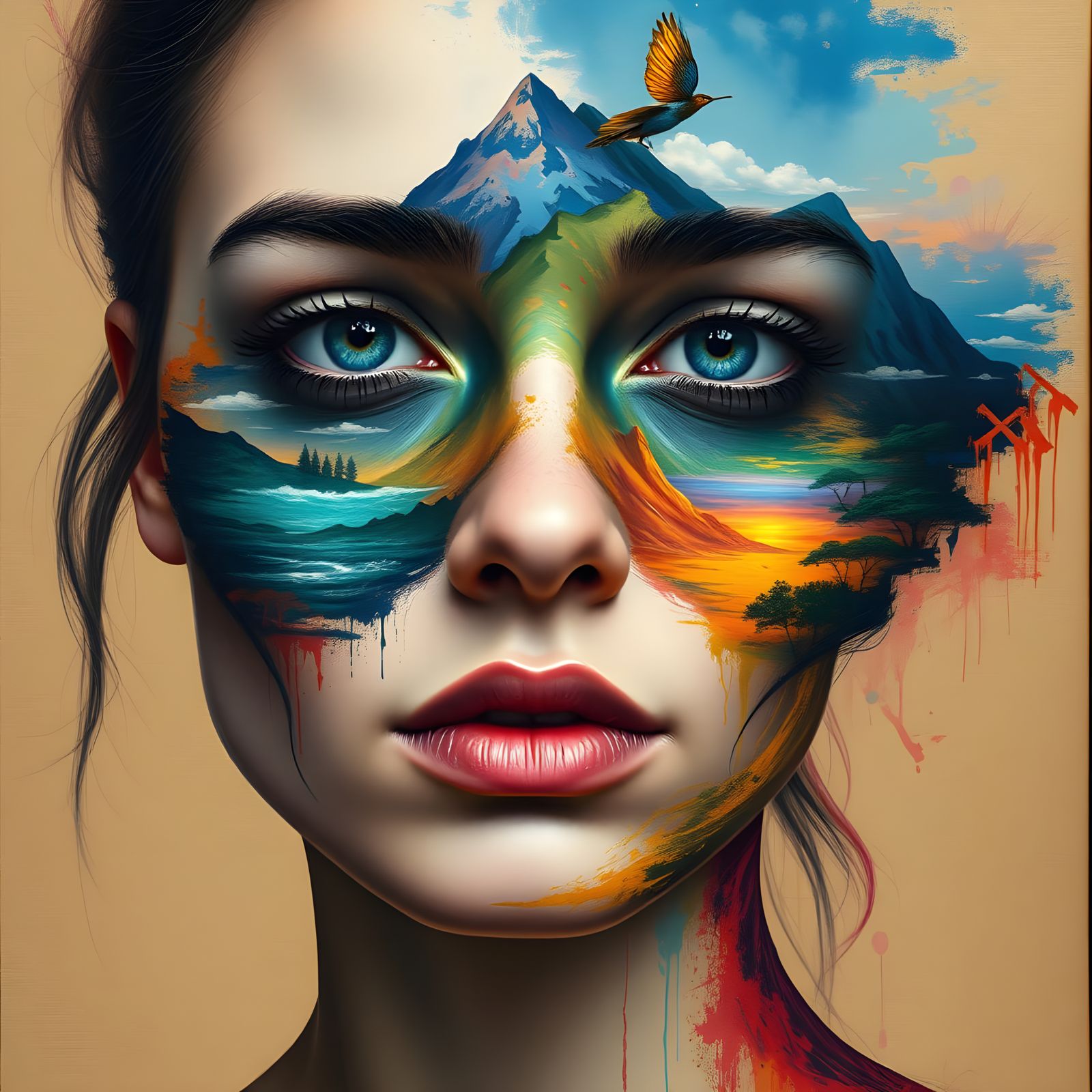 Surreal Portrait of a Woman with a Canvas Face